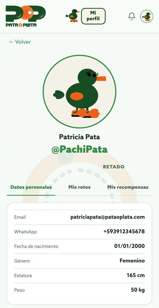 Pantalla Mi perfil de la app, con foto, nombre, correo, celular, género, estatura y peso