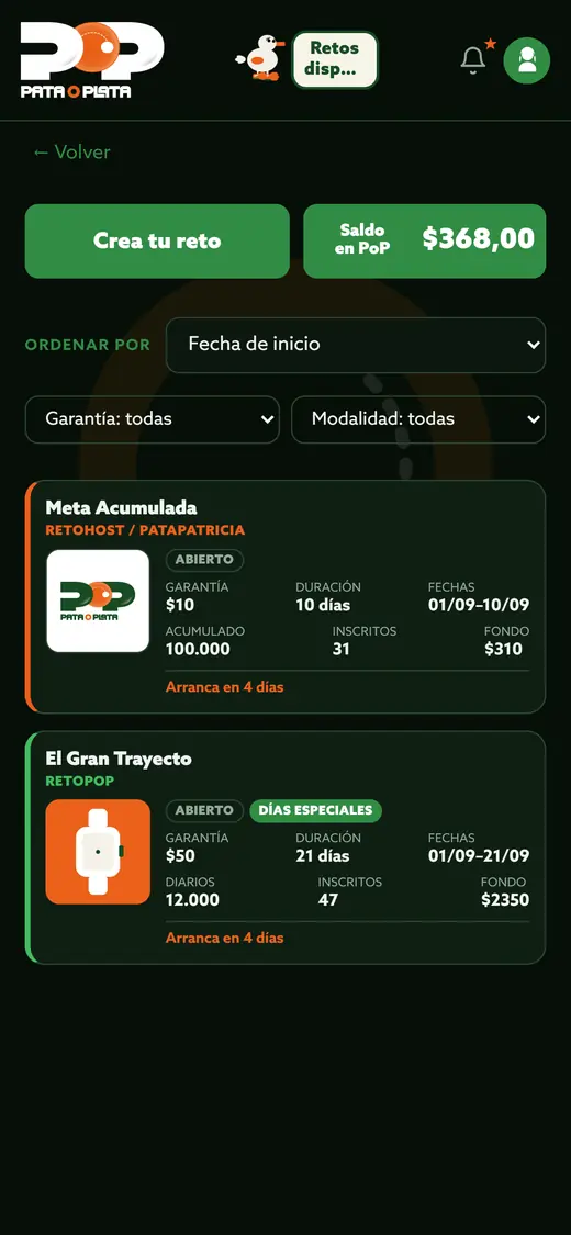 Lista de retos disponibles, con garantía, duración y fechas de cada uno