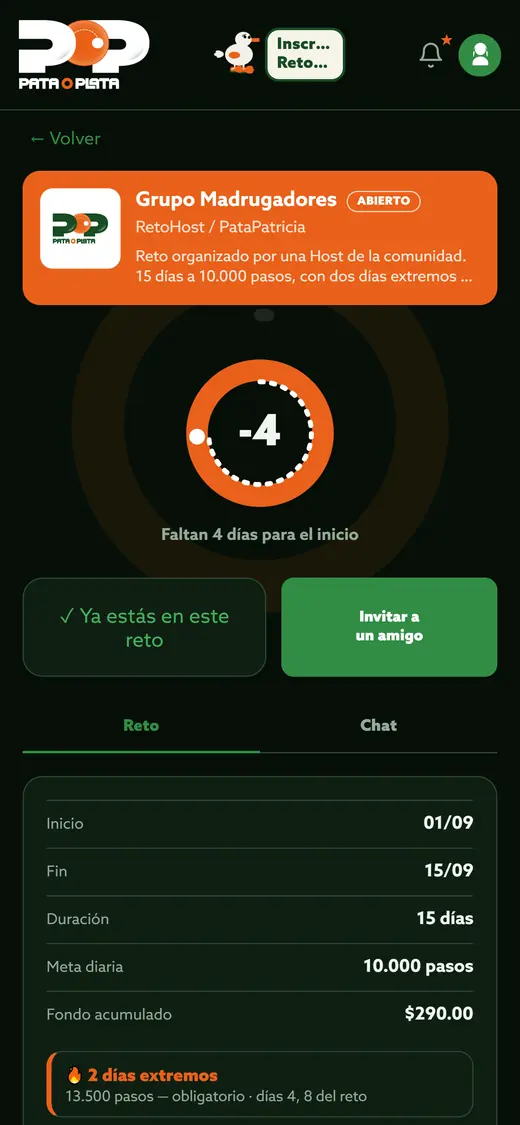Detalle de un reto: fechas, meta diaria y fondo acumulado